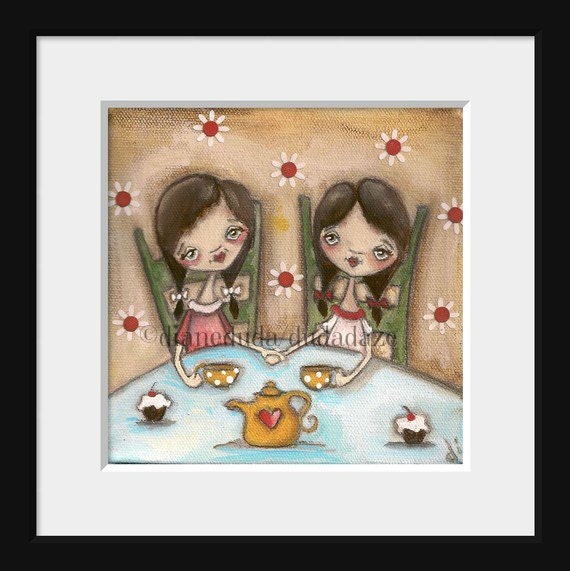 Print of my original Folk Art Childrens Painting - Tea Party - Young at Heart ARt