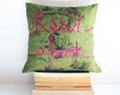 Book lover pillow read a book embroidered cushion pink ribbon lettering olive green vintage fabric typography memake handmade home decor