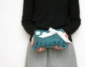 Knitted clutch purse bag teal mohair knit cream ribbon bow wool felt lining memake handmade handbag fashion