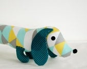 READY to SHIP Childrens Soft Doll Toy Plush Wiener Dog VINNIE with Geometric Triangle Print