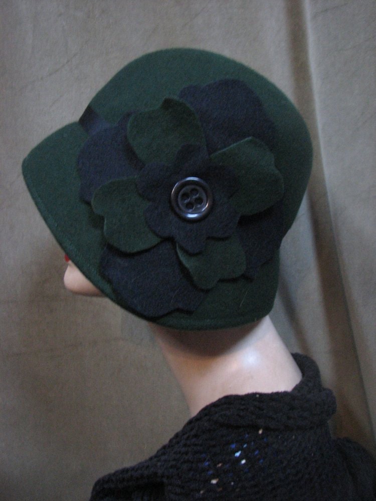 Cloche Hat Forest Green and Black Flower Cloche