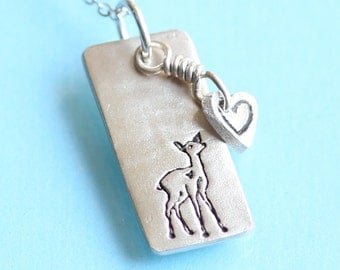 BABY DEER necklace, skinny rectangular pendant with HEART, eco-friendly silver. Handcrafted by Chocolate and Steel