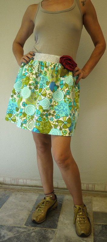 Vintage Fabric Skirt with elastic waist and red flower- One size fits most - Women Mini Skirt