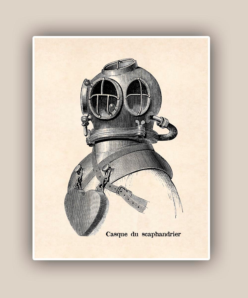 Nautical Print, Dive Scuba diving Helmet Print, Seaside Prints, Marine Wall Decor,  Nautical art, cottage beach decor