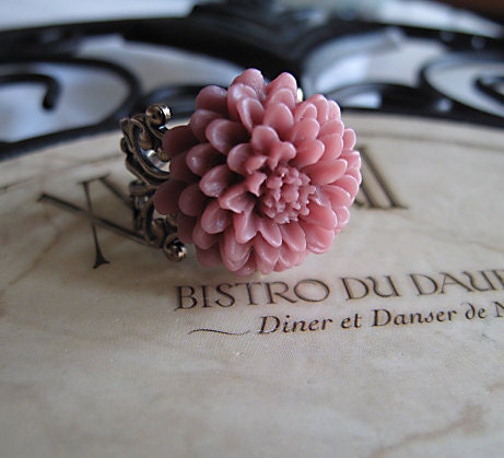 Chrysanthemum Flower Ring, Antique Brass Filigree Band,  Soft Wine, Adjustable Ring, Womans Jewelry,