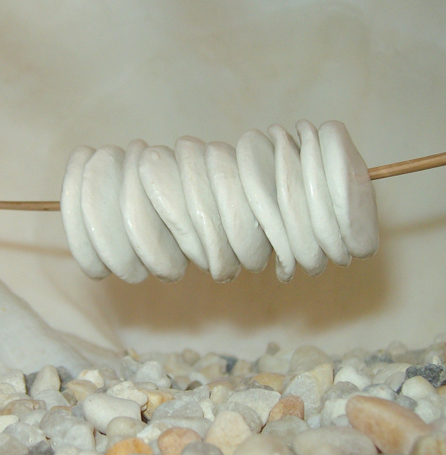 12 gloss white ceramic pinch disc beads - handformed silver dollar flower petal stacking spacer beads