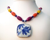 Colorful Statement Necklace, Pottery Shard Necklace, Vivid Colors Beaded Necklace with Ming Porcelain Pendant