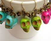 Girly Skull Earrings, Skulls with Bows, Dangle Earrings, Choose Your Own Colors, Antiqued Brass Skull & Bow Drops - Darling