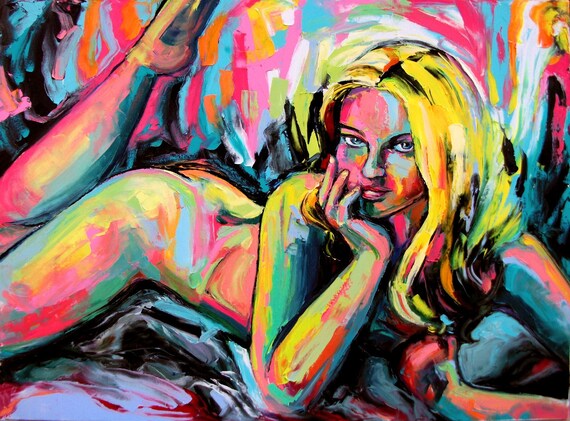 Figure painting abstract nude oil on canvas by Aja huge 3x4 feet