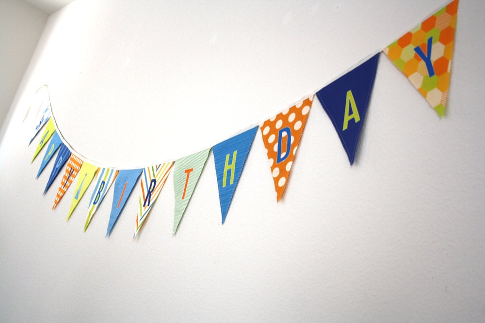 Boy Happy Birthday Fabric Flag Banner Garland, Blue Green Orange
