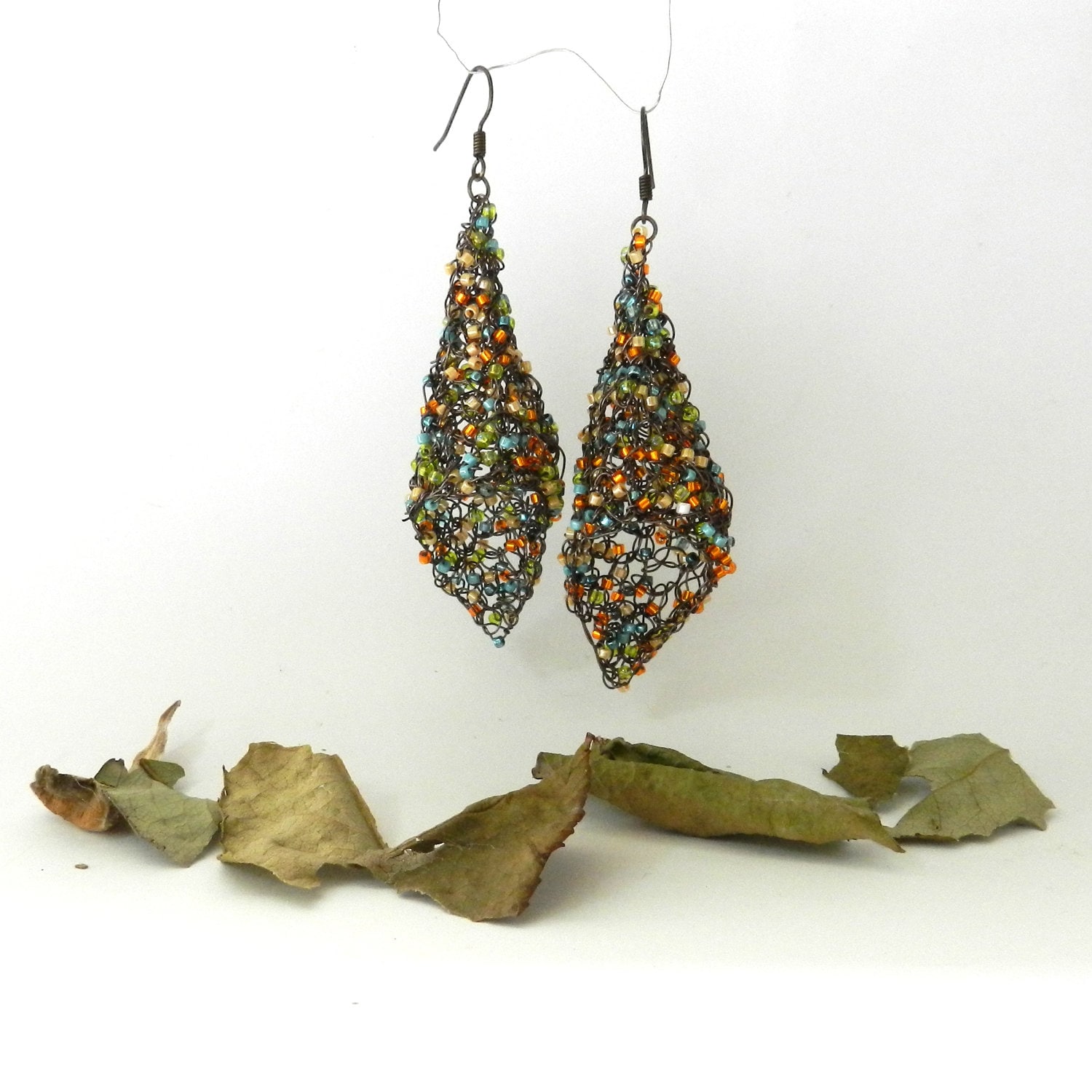 Wire Crochet Earrings Bronze Fall Teal Orange Aqua Tan Faerie Bells Rustic Autumn Jewlery - AlbinaRose