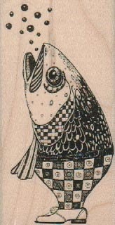 wood mounted rubber  stamp  fish in pants silly   steampunk zentangle  art stamps original design by Mary Vogel Lozinak no 18892