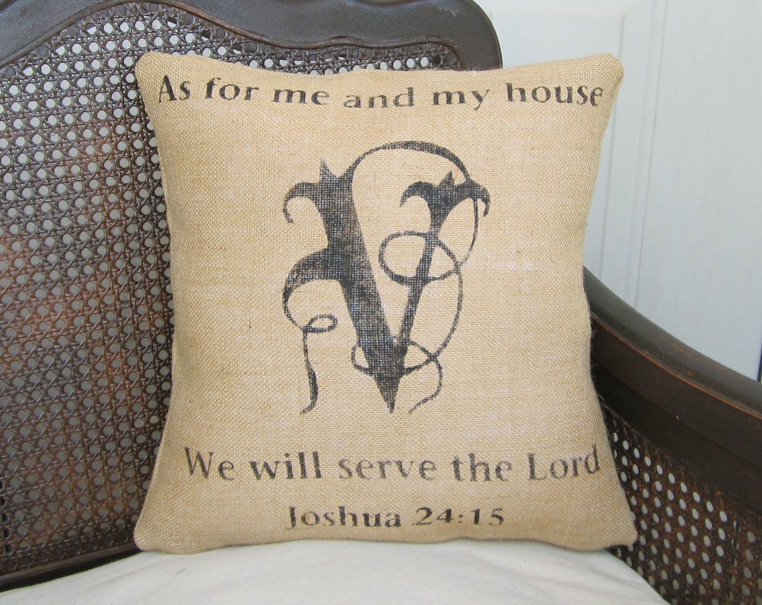 Custom Monogram Joshua 24.15  - Burlap Feed Sack Pillow