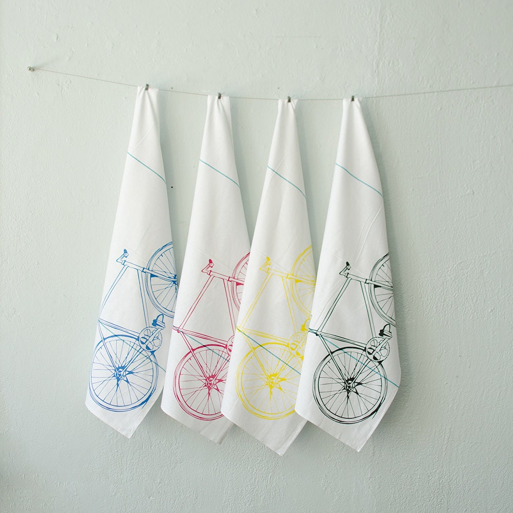 CMYK bicycle tea towel set - four hand printed cotton bike towels
