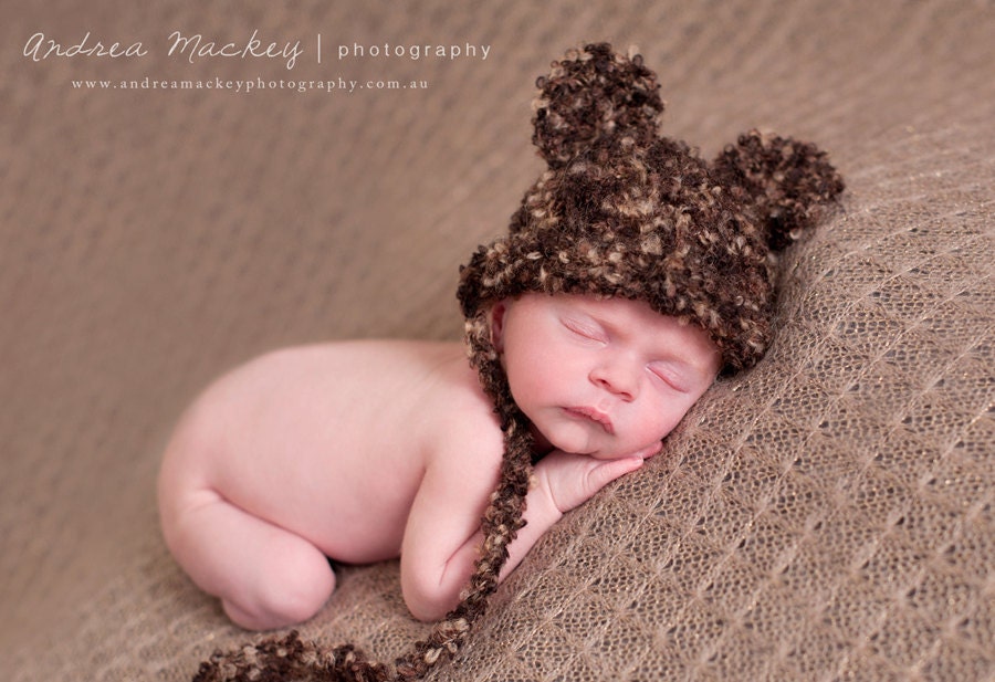 Bear baby hat chocolate brown beanie with ears and ties knitted newborn photography photo prop boy girl unigender teddy animal textured