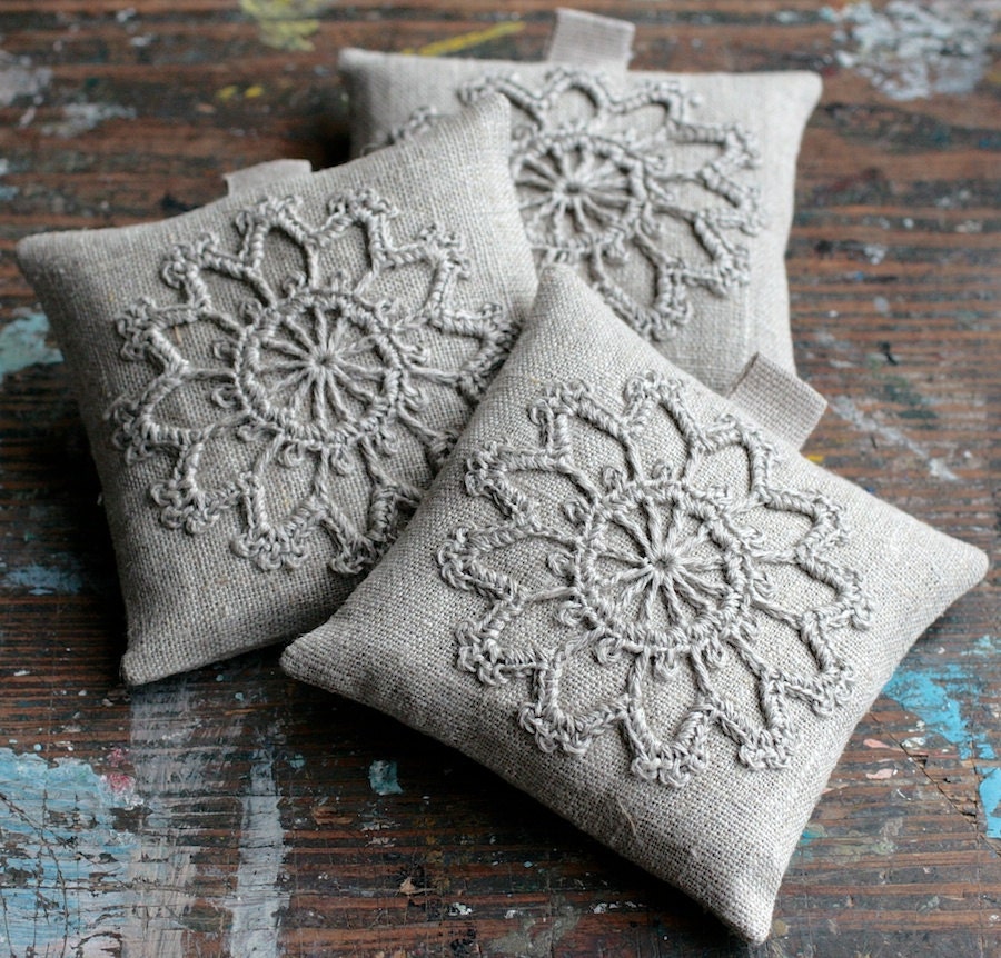 Lavender sachets -- crochet motif -- set of 3