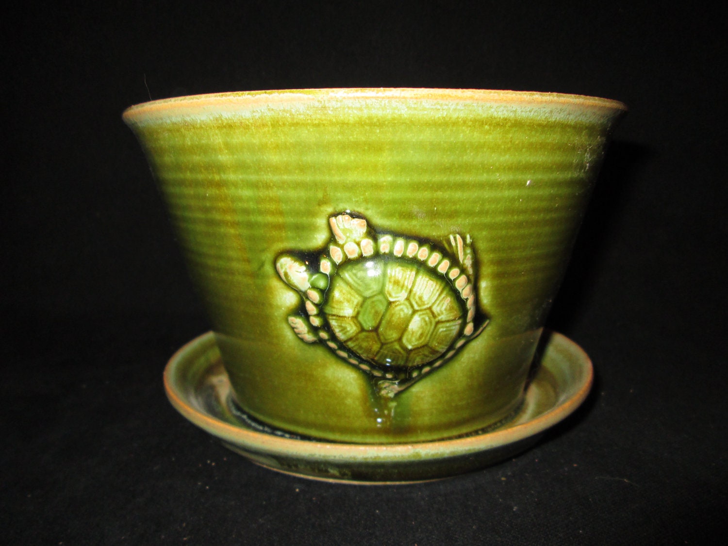 planter with turtle in green, stoneware, flower pot,