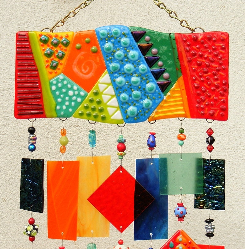Kirks Glass Art Fused Stained Glass Wind Chime windchime - Primary Colors