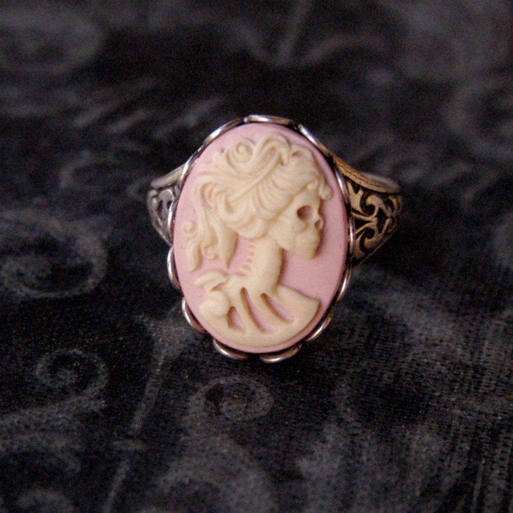 Skeleton Lady Cameo Ring- Pink and Silver