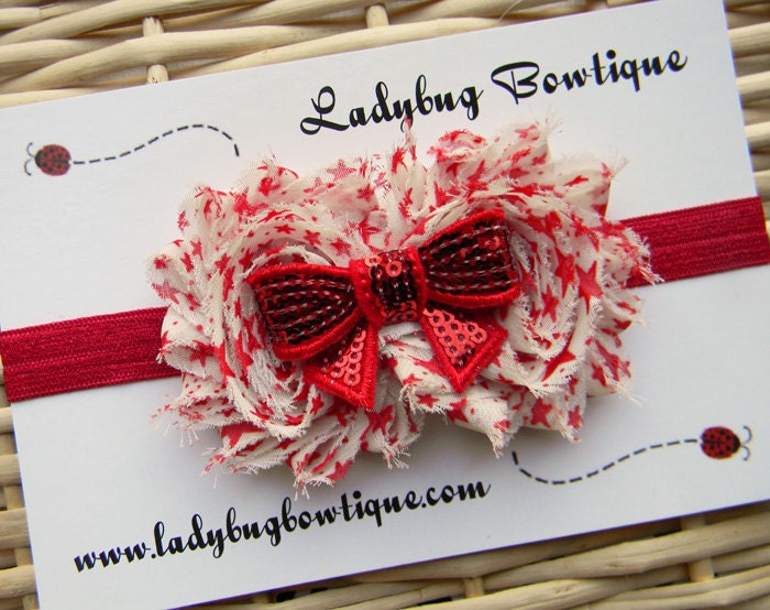 Shabby Chiffon Rosette Flowers with a Sparkling Sequin Bow on a Soft and Stretchy Elastic Headband - Custom Size - Red Stars