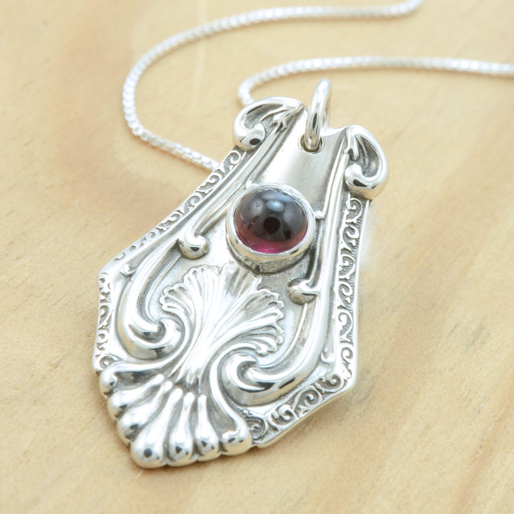 Spoon Pendant with Rhodolite Garnet - Handmade Upcycled Sterling Silver