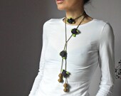 Handknit Crochet Lariat Necklace - Plum, Green Brown - Rose Flowers Leaves