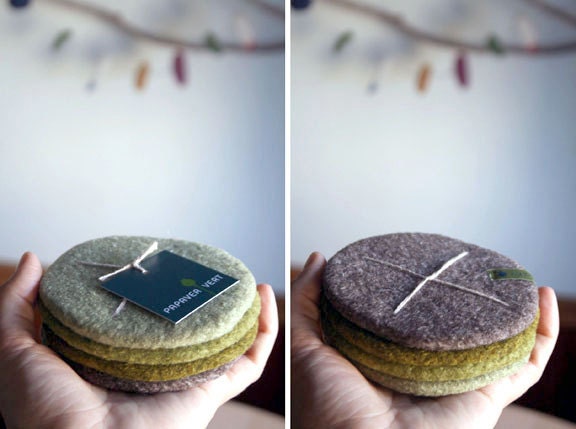 Set of 4 Coasters - Felted Wool - Pistachio, Moss, Acid Green, Brown