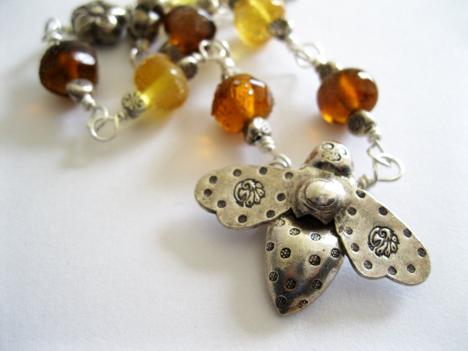 Fair Trade Fine Silver Bee Pendant & Honey Artisan Lampwork Beads Necklace and Earrings Set - UK Seller