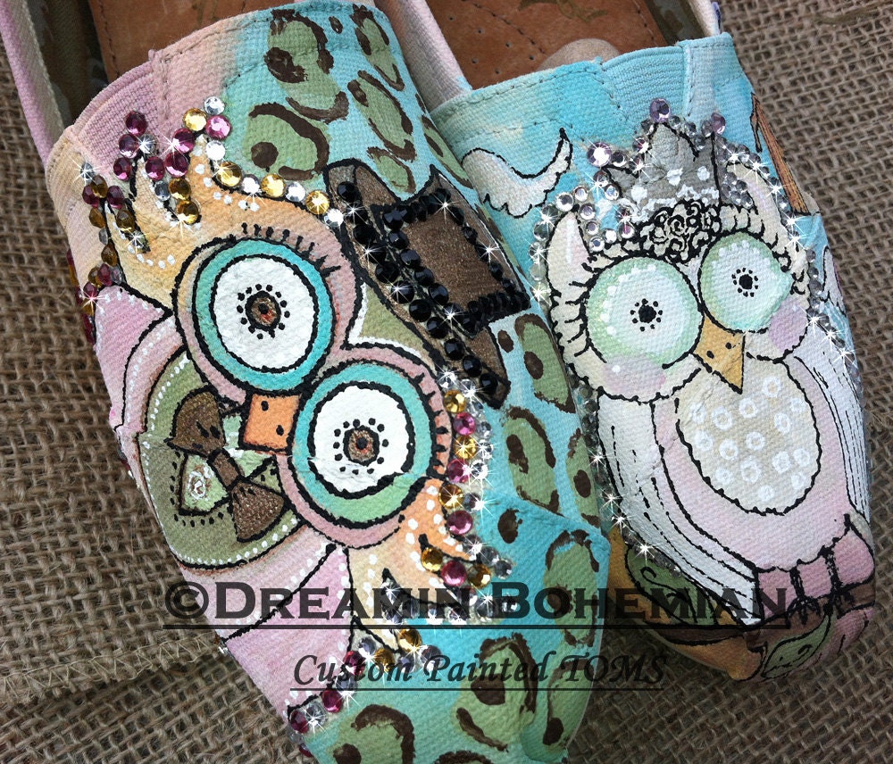 Custom Painted TOMS Wedding Owls Just Married with crystals TOMS included