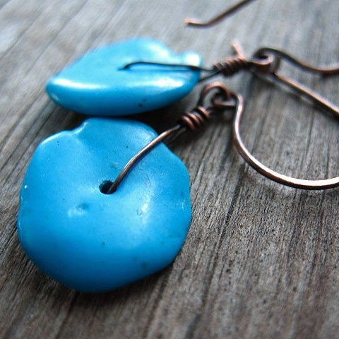 Turquoise Earrings - Oxidized Copper Wire Wrapped, Turquoise Slices, Handmade Ear Wires