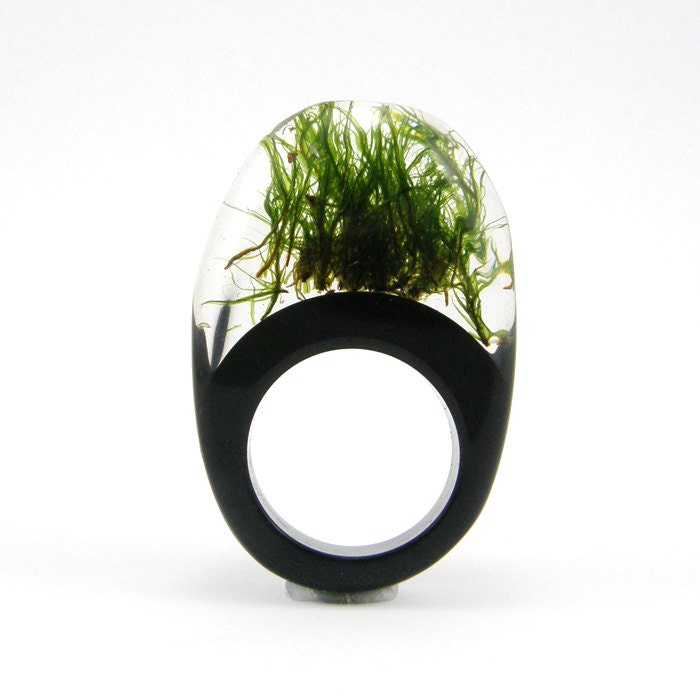 Moss Ring, Unique Clear and Black Resin Ring with Natural Moss