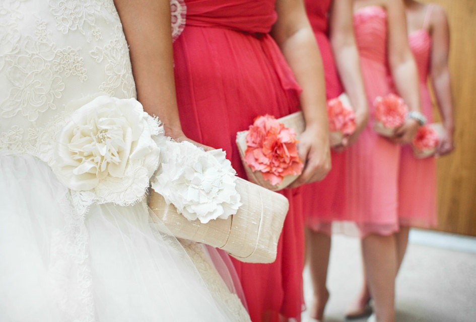 ivory and coral wedding clutch, bridal clutch purse, personalized bridesmaids gifts,