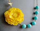 Yellow Necklace,Poppy Necklace,Flower Jewelry,Aqua Pearl Necklace,Bridesmaid Jewelry,Wedding Jewelry (Free matching earrings)