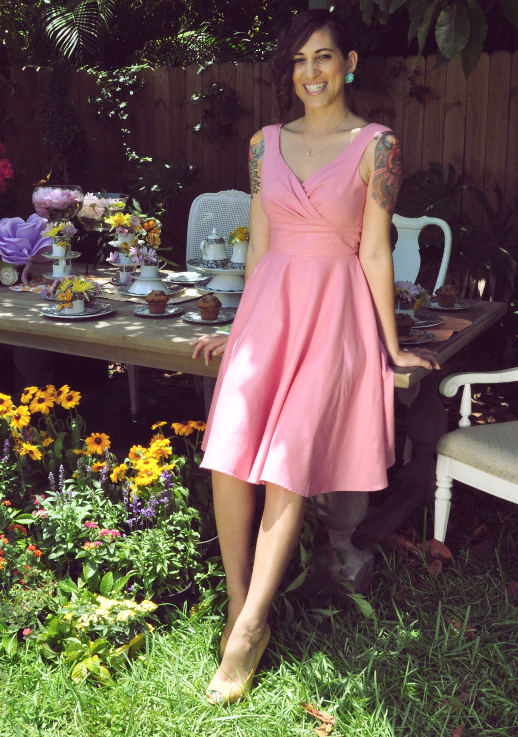 Portrait Neckline Gather Bust"Miss Mia" Dress with Full Circle Skirt in Almond Pink------------Many Color Options