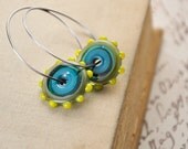 Lime and Turquoise Glass Disc Hoop Earrings
