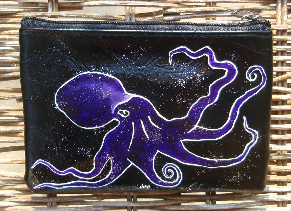 Sparkly Purple Octopus - Hand Painted Shiny Black Change Purse - Wallet - 25% Donated