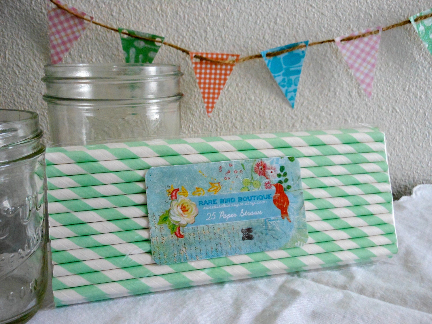 25 Mint Striped Paper Straws - rarebirdboutique