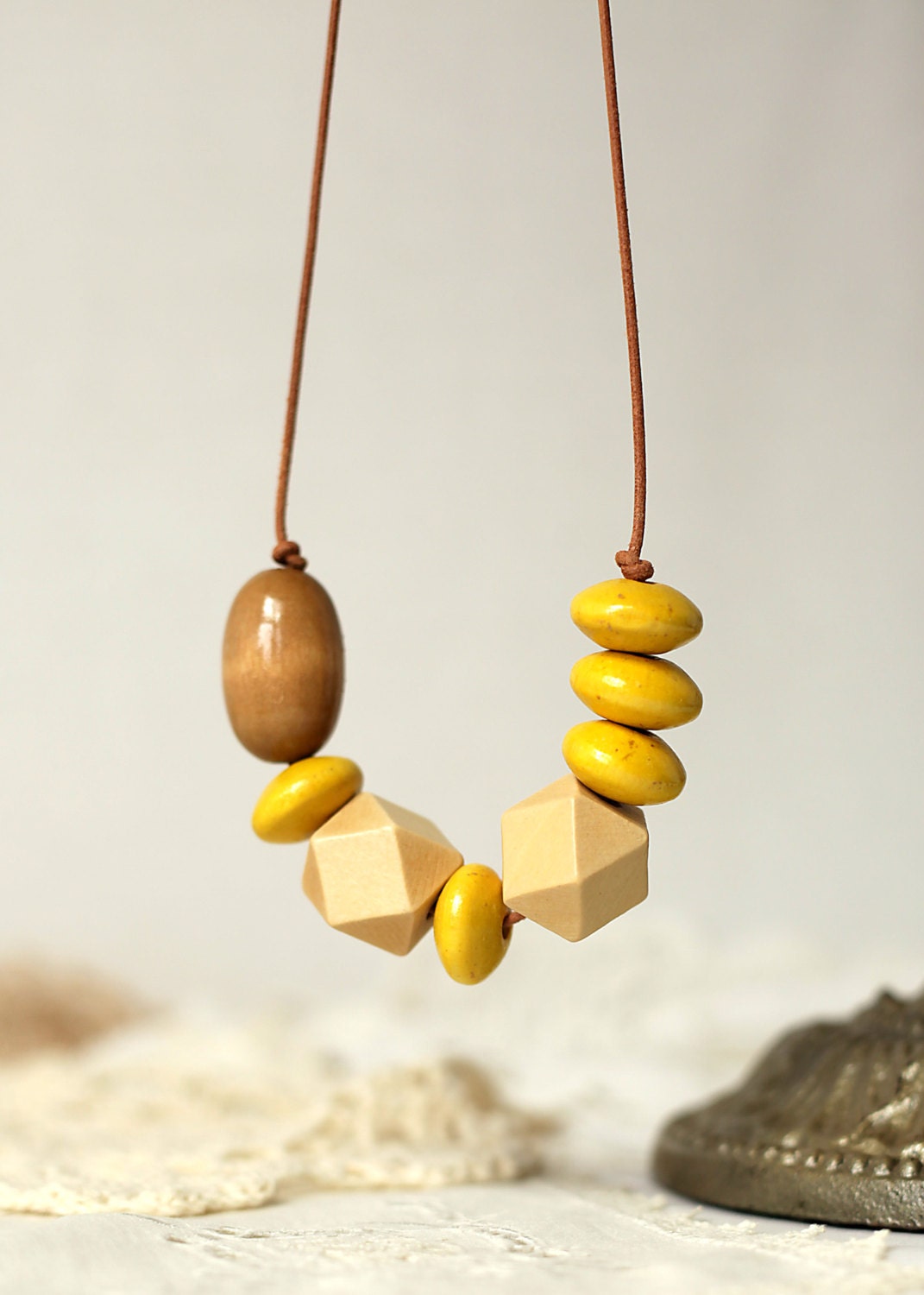Yellow & Natural Wood Beaded Leather Necklace