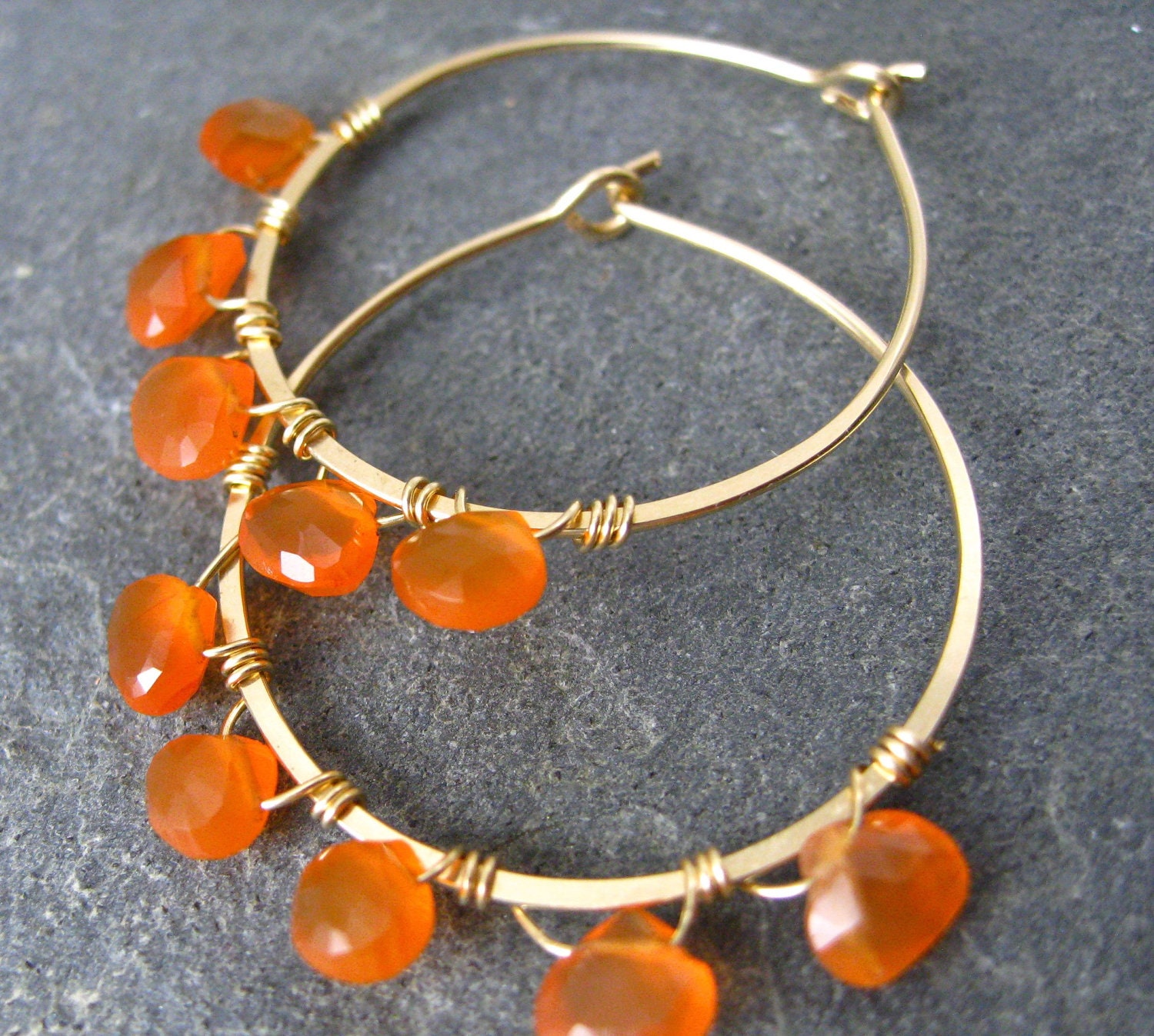 Screen Siren Earrings Orange Heart Shaped Carnelian Briolettes and Gold Fill Hoops