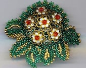 Beadwoven Filigree  Brooch . Floral Brooch . Red Flowers . Emerald Green . Golden Leaves  - Timeless Treasure by enchantedbeads on Etsy