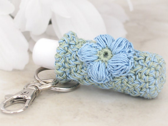 Plush Lip Balm Holder, Keychain Key Holder, Sage Green & Country Blue Keychain with Crochet Country Blue Puff Flower