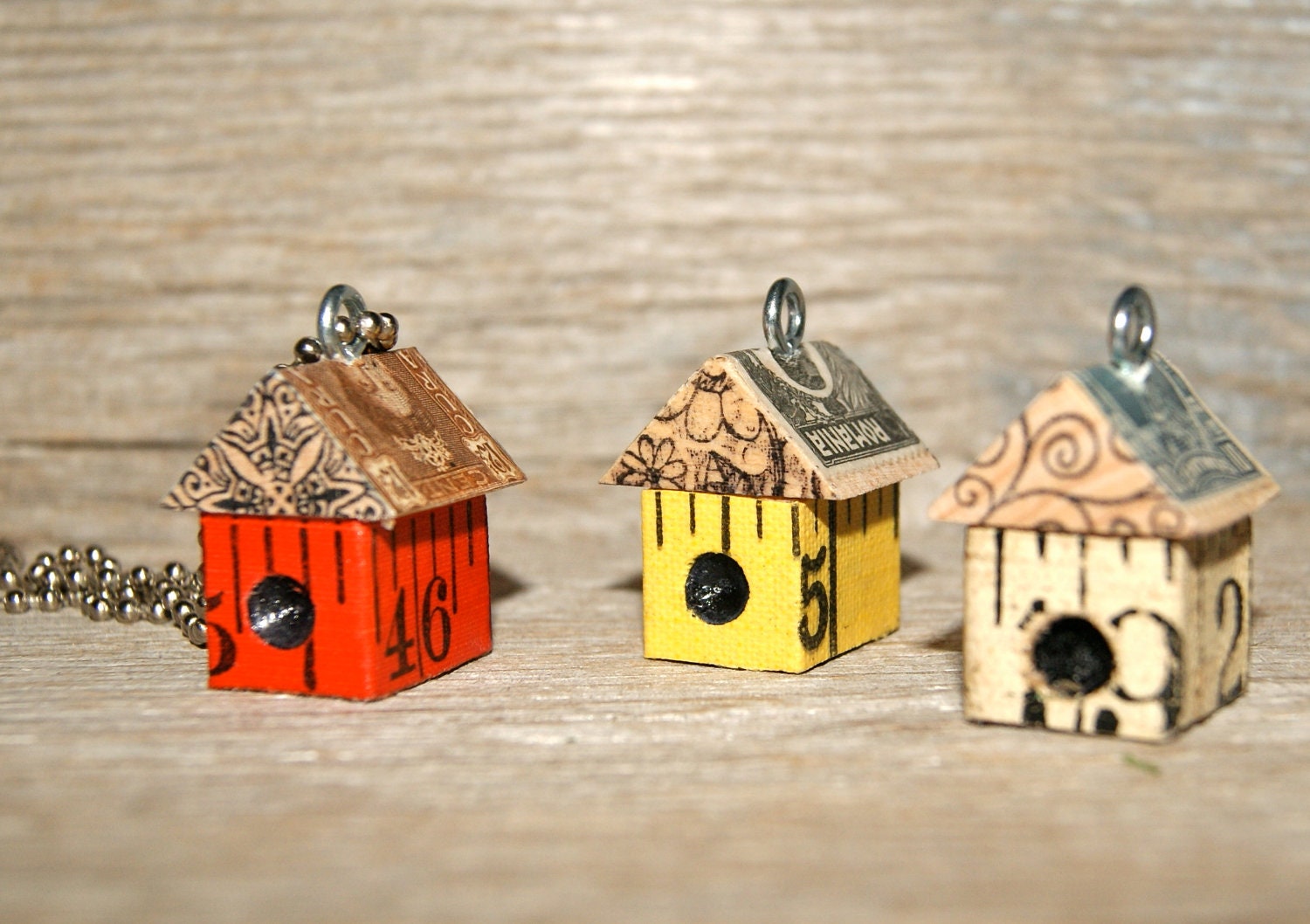 3 Funky Little BirdHouse House Necklace Charm Pendant Keychain - Measuring Up x 3  - Art By Heather - Ready To Ship