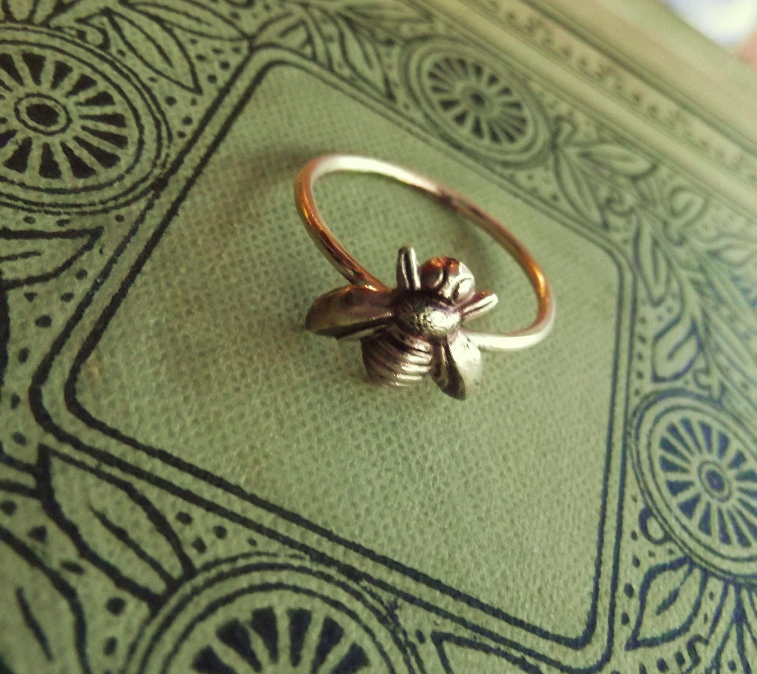 Brass Tiny Cute Honey Bumble Bee Ring on Antiqued Brass Band, Art Nouveau, Tattoo, Steampunk