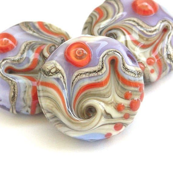 Miranda - Handmade Lampwork Glass Bead Set in Ivory, Lavender and Coral (3) OOAK