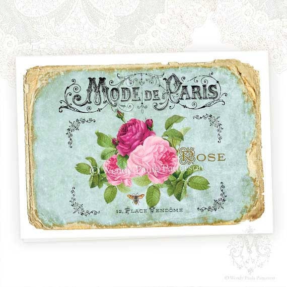 French greeting card, pink roses, bee, shabby chic, vintage style, aqua blue, birthday card