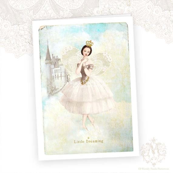 Fairy, Ballerina, Greeting Card, Castle, Clouds, Dreaming, Birthday card, White Wings, Magic
