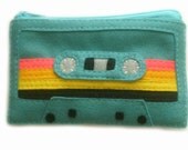 Cassette Tape Zippered Coin Wallet - Teal with Neon Stripes