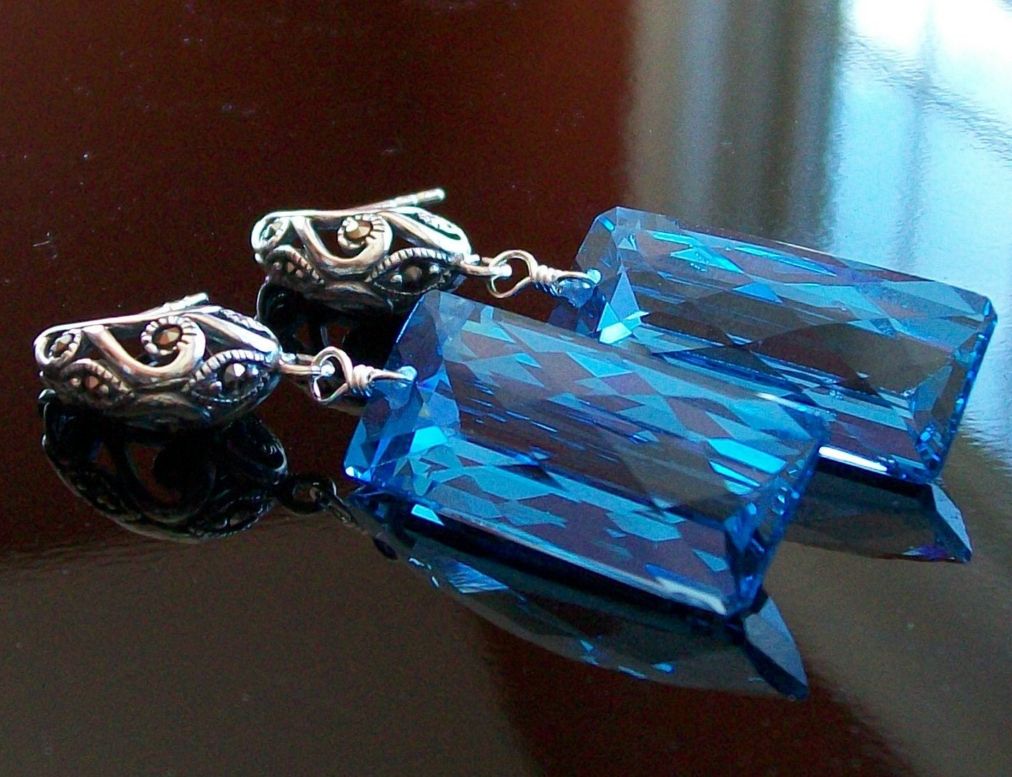 Genuine London Blue Topaz Gemstone Baguette Marcasite Post Earrings