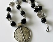 Black onyx gemstone beaded necklace, chunky hammered silver pendant, silver necklace, beaded jewelry
