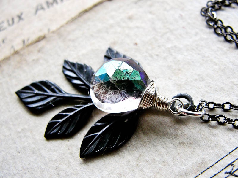 F A L L E N. L E A V E S..... Mystic quartz, Black leaf on sterling silver mixed metals necklace 